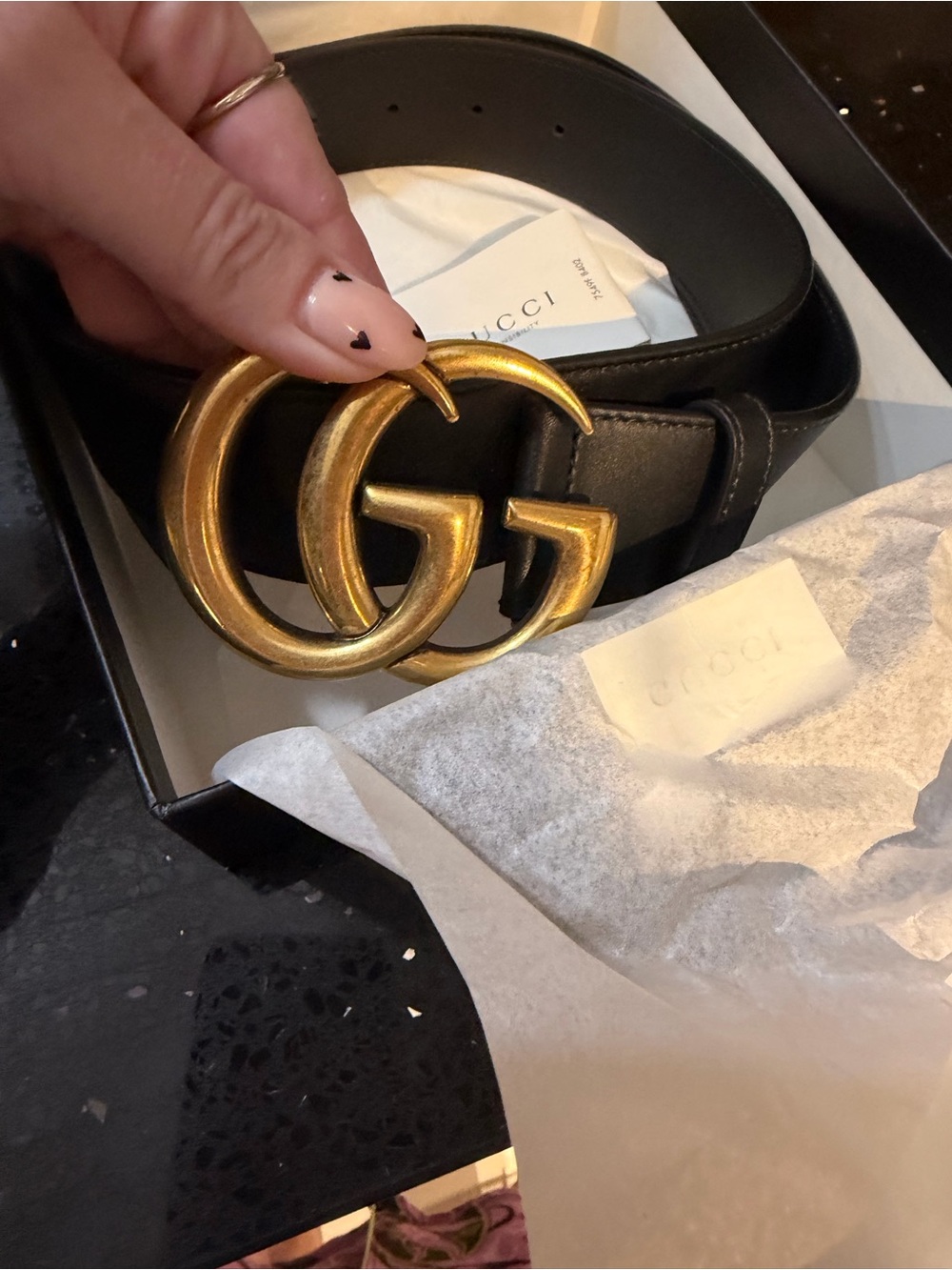 Gucci Black Leather Belt with Aged Gold Double G Buckle